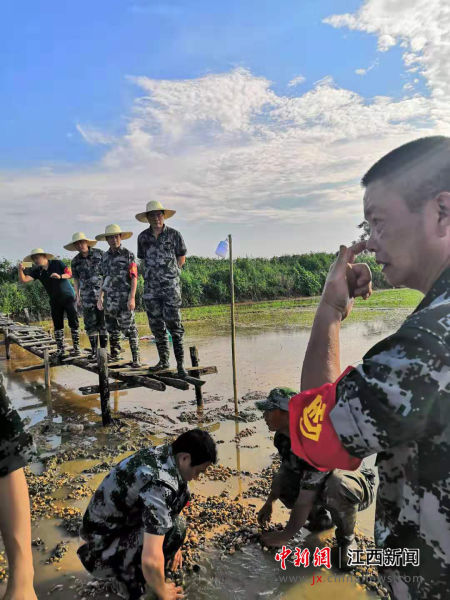 (图为恒湖农场副场长林辉平带队下河排查泡泉)