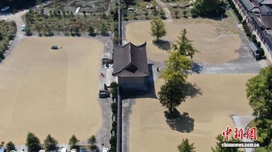 10月9日,航拍江西永修云居山真如禅寺山门内外晾晒的稻谷。中新社记者 姜涛 摄 10月9日,航拍江西永修云居山真如禅寺山门内外晾晒的稻谷。中新社记者 姜涛 摄